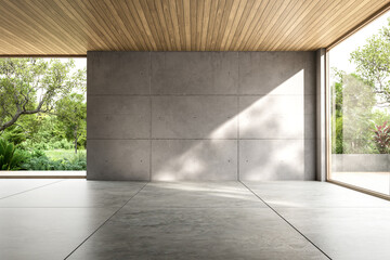Fototapeta premium Minimalist empty loft room with exposed concrete walls 3d render. a wooden slat ceiling, and large windows overlooking a lush green garden. Bright natural sunlight creates shadows. 3d render.