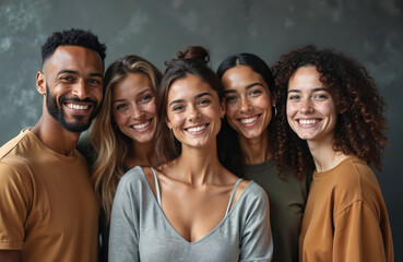 Fototapeta premium Diverse group of five young adults smiling happily together. Friends share connection showing unity and support. People look joyful, confident, representing teamwork and close relationships.