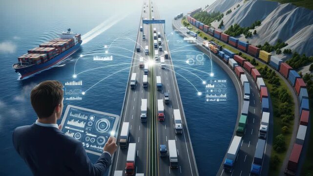 Man Uses Tablet To Monitor Global Logistics Cargo Ship Highway Traffic Rail Freight Are In The Background Showing Real-time Data Analysis Of Transportation Networks Use In Supply Cha