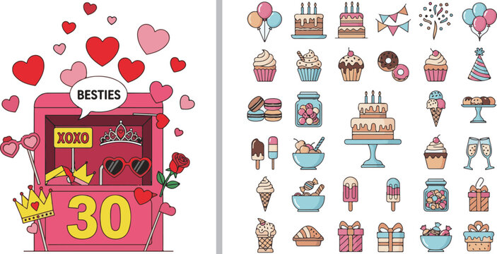 A festive vector set for a 30th birthday or "Besties" celebration. Features a pink photo booth with props and a large collection of colorful party icons like cakes, cupcakes, and gifts.