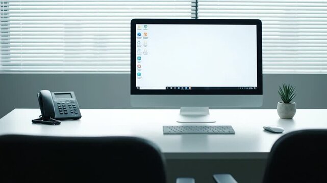 Clean office desk with computer with workspace.