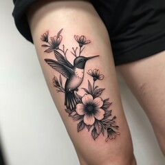 Fototapeta premium Detailed tattoo design features a realistic hummingbird in flight amongst delicate blooming flowers. Art shows fine linework and shading. Bird and floral art for body modification.