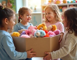 Fototapeta premium Four young girls hold a box full of plush toys. They are smiling and laughing while preparing to donate the stuffed animals. Helping others feels good.
