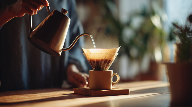 brewing fresh pour over coffee at home, barista pouring hot water into dripper, morning coffee ritual with aesthetic aesthetic setup
