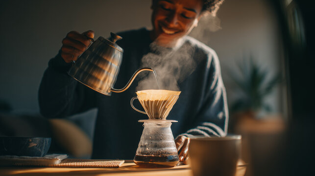 brewing fresh pour over coffee at home, barista pouring hot water into dripper, morning coffee ritual with aesthetic aesthetic setup