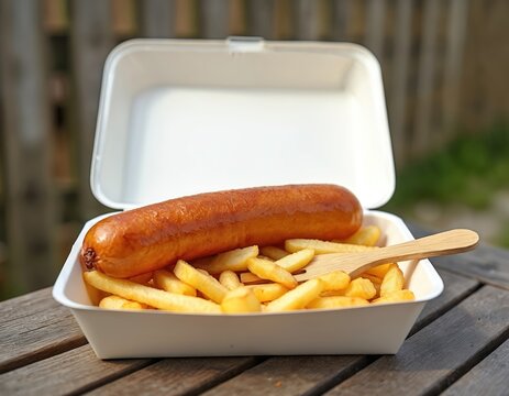 Jumbo sausage and chips served in polystyrene box. Wooden fork rests on crispy french fries. Meal is on outdoor table. Simple food presentation.