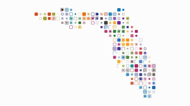 Florida animated shape. Pulsating colored dots on the map of the state. Large size rounded square blocks. Digital style Florida map on white background. Stylish animation video.