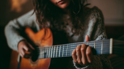 Fototapeta premium young woman playing acoustic guitar close up, fingers on guitar strings musical hobby, soulful musician practicing at home