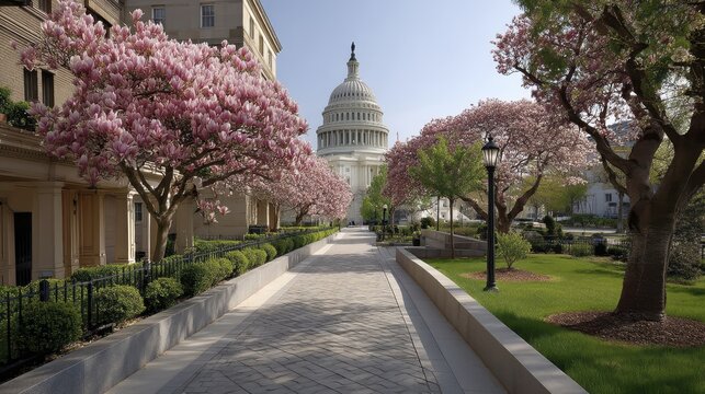 Washington DC Capitol Hill, stunning spring view, blooming magnolia - white magnolia US botany
