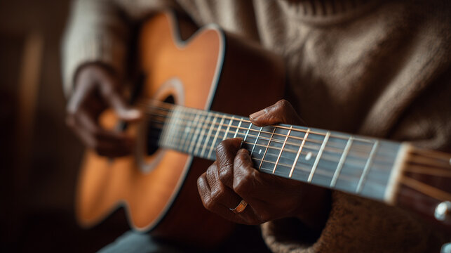 young woman playing acoustic guitar close up, fingers on guitar strings musical hobby, soulful musician practicing at home