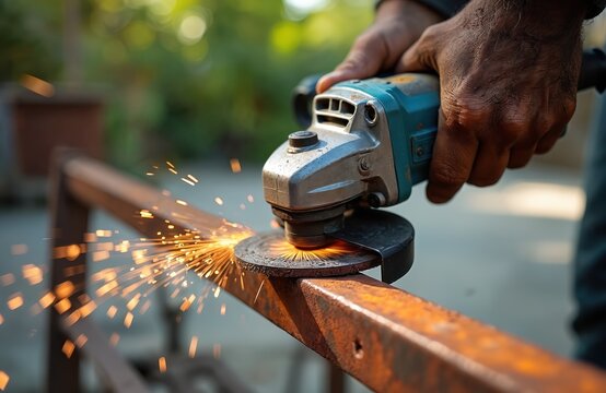 Worker cuts metal beam with angle grinder. Sparks fly from tool in outdoor workshop. Manual labor creates metalwork with power equipment. Craftsmanship in action.