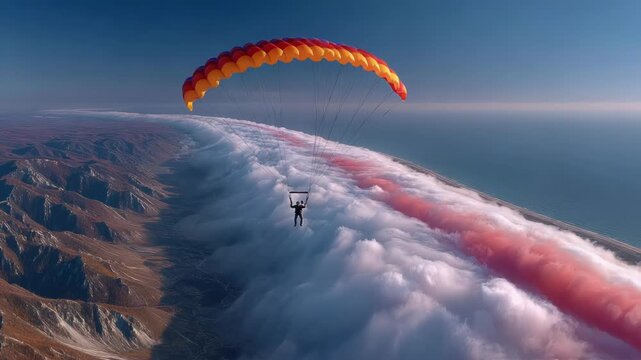 A skydiver soars above a sea of clouds, a mountain range below, and the blue ocean