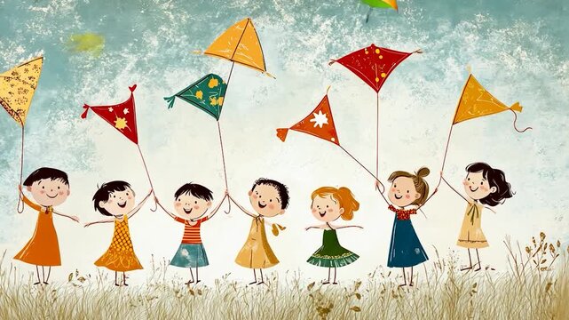 Children flying kites in a field