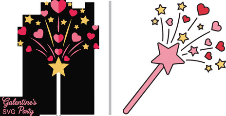 A whimsical pink magic wand emitting a burst of colorful hearts and stars. The playful design is perfect for fairy tales, Galentine's Day, and magical celebration themes. © Muhammad