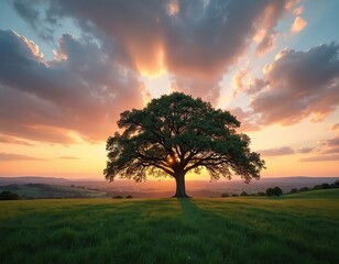 Obraz premium Majestic old oak tree stands in green grassy field during golden sunset. Sun rays beam through dramatic clouds illuminating the tranquil countryside landscape. Peaceful nature scene.