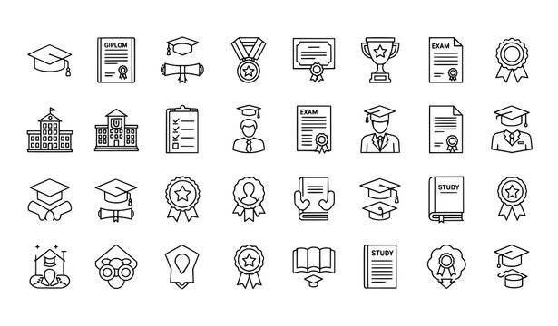 Graduation hat and academic achievement outline icon set vector