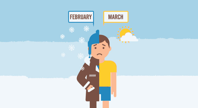 &ldquo;February to March seasonal transition vector illustration, half cold winter and half warm spring cartoon character, split outfit concept, snow on one side and sunshine on the other, flat modern carto