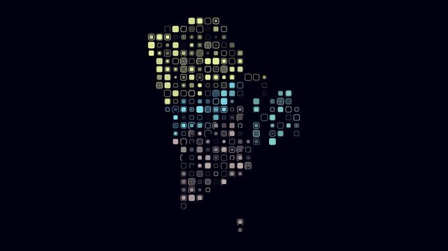 Rhode Island animated shape. Pulsating colored dots on the map of the state. Large size rounded square blocks. Digital style Rhode Island map on dark background. Amazing animation video.