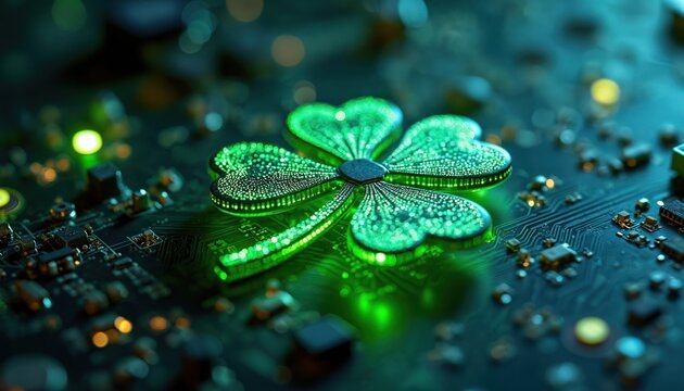 Digital four leaf clover symbol glows on dark circuit board. Green abstract pattern shows luck concept and technology innovation. Futuristic microchip design and network connection.