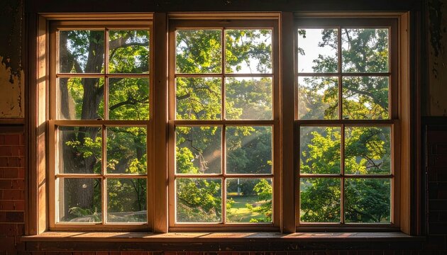 View of lush green trees and sunlight streaming through an old wooden window frame
