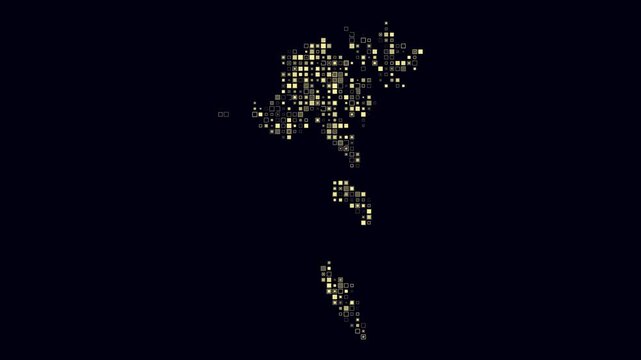 Faeroe Islands map animation. Shape of the country with pulsating colored dots. Small size square blocks. Digital style Faeroe Islands map on dark background. Plain video.