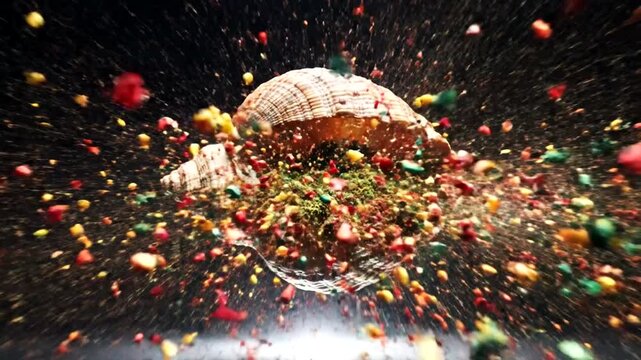 Clamshell Bursting with Colorful Candy and Sweets.