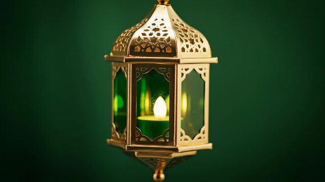 A golden lantern with intricate designs glows softly on a dark green background in a 3D rendered image