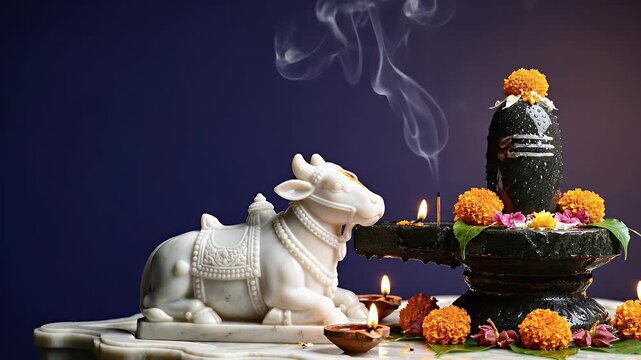Pradosh Vrat Observance White Marble Nandi and Shivalinga Twilight Background