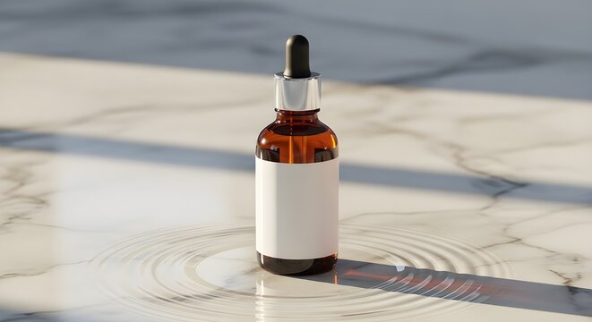 Amber glass dropper bottle with blank white logo icon label for organic skincare serum brand mockup on luxury marble surface background