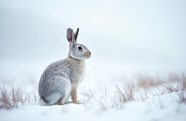Obraz premium Mountain hare sits in snowy landscape. Fluffy animal with white grey fur rests on snowbank. Cold winter weather in Scotland causes ice and frost.
