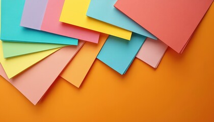 Pastel paper sheets in various colours are spread on orange background. Vibrant stationery and craft supplies for creative projects and art.