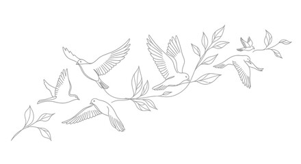 Birds Flying Around Branch with Leaves.