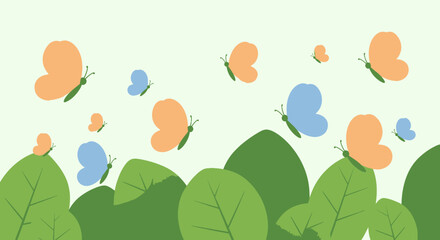 Colorful Butterflies Flying Above Green Leaves.