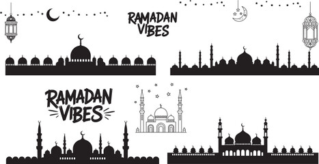 Obraz premium Ramadan themed silhouettes with mosque and lanterns in minimalist black and white style for greeting card