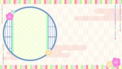 春のひな祭りの和風背景フレーム素材（桃の花・丸窓・矢絣・パステルカラー）