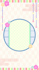 春のひな祭りの和風背景フレーム素材、縦型（桃の花・丸窓・矢絣・パステルカラー）