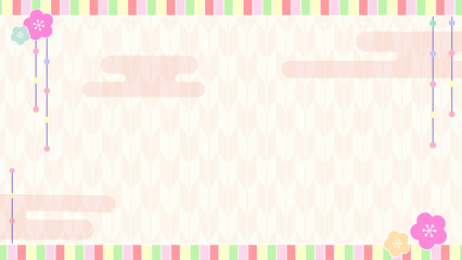 春のひな祭りの和風背景フレーム素材（桃の花・丸窓・矢絣・パステルカラー）