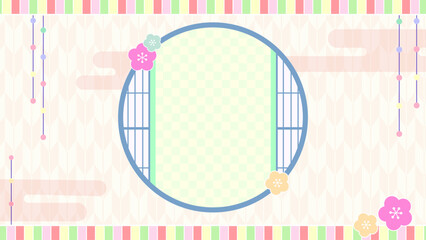 春のひな祭りの和風背景フレーム素材（桃の花・丸窓・矢絣・パステルカラー）