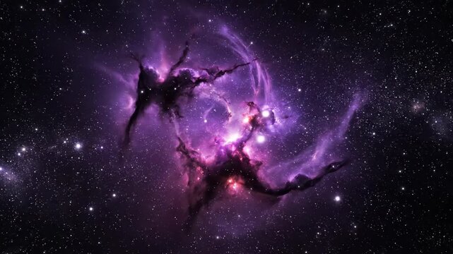 A vibrant and expansive view of a cosmic nebula, featuring intense purple and pink gaseous formations intertwined with a multitude of bright, distant stars against the dark void of space.