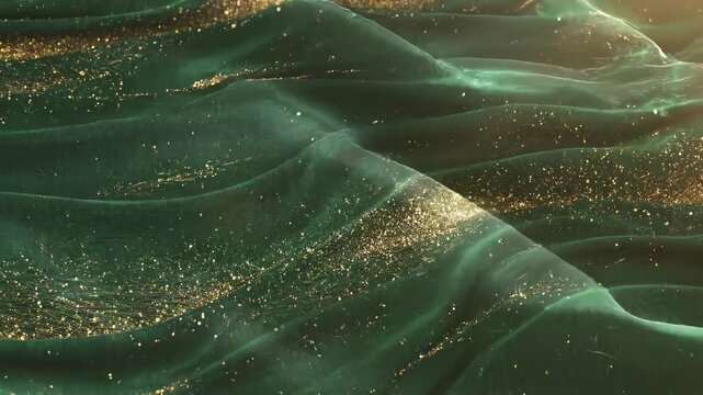 Traditional woven ketupat texture with intricate patterns and golden accents flowing in a serene landscape view