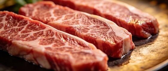 Fototapeta premium Close-up of three marbled raw beef steaks ready for cooking on a dark surface