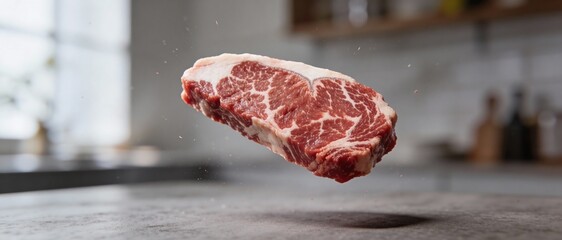 Raw marbled beef steak suspended in mid-air above a kitchen counter