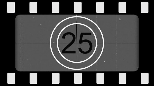 Film countdown movie leader retro vintage black white old cinema time counter ideal for intros, transitions, or adding a classic cinematic effect to videos.