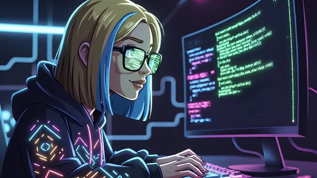 Young woman programmer coding on computer in dark neon room