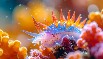 Vibrant Sea Slug with Orange Horns and Blue Spots on Coral Reef Underwater