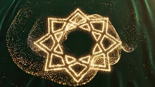 Cinematic abstract geometric pattern forming a glowing mandala on a dark green background