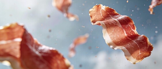 Thin slices of cured ham floating in the air against a soft blue sky background