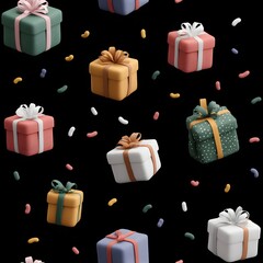 Dark background adorned with a festive pattern of colorful gift boxes and confetti
