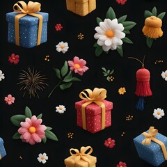 A vibrant 3D seamless pattern of gifts, flowers, and fireworks on a black background, perfect for celebrations and holidays.