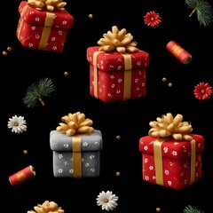 A festive 3D pattern featuring red gift boxes, pine branches, and small flowers on a black background, ideal for holidays.